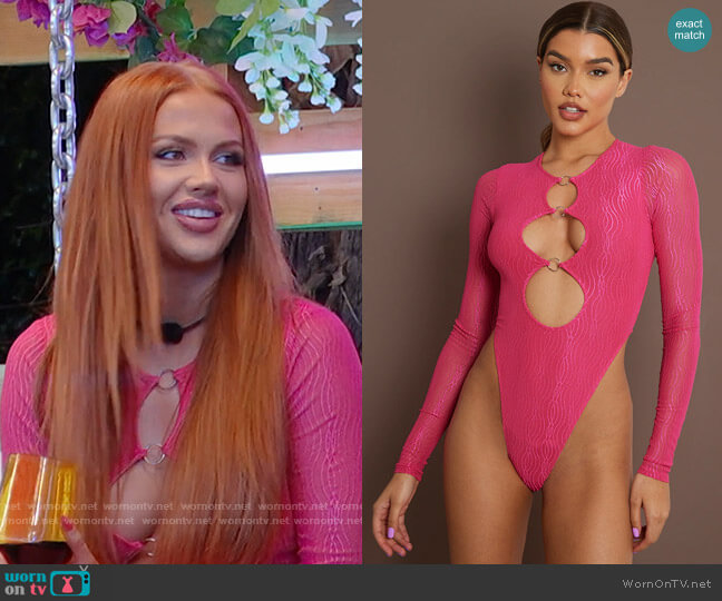 Pretty Little Thing Hot Pink Mesh Textured Cut Out Bodysuit worn by Sydney Paight on Love Island USA