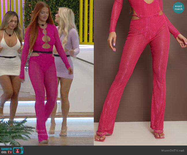 Pretty Little Thing Hot Pink Mesh Textured Cut Out Detail Flare Pants worn by Sydney Paight on Love Island USA