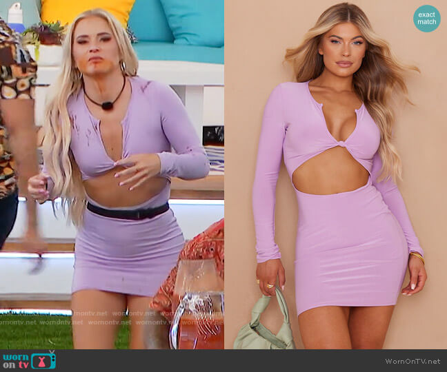 Pretty Little Thing Lilac Slinky Knot Bust Long Sleeve Cut Out Bodycon Dress worn by Deb Chubb on Love Island USA
