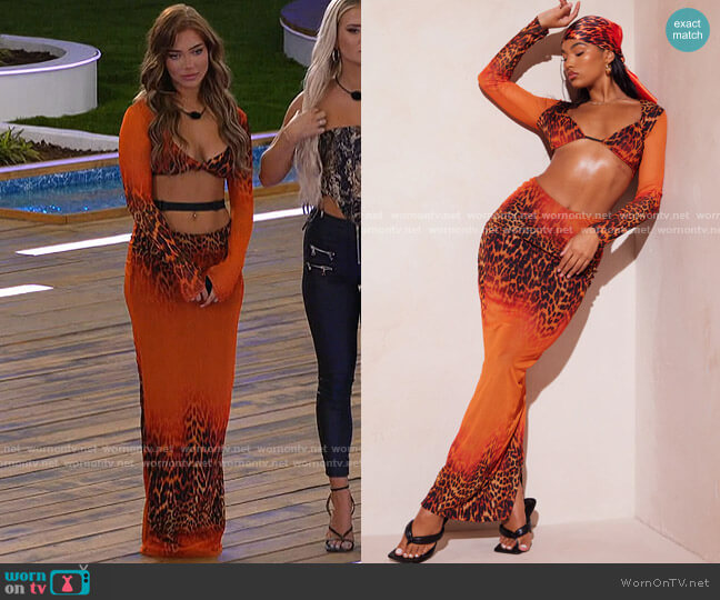 Pretty Little Thing Orange Ombre Leopard Printed Mesh Long Sleeve Bralet worn by Katherine Gibson on Love Island USA