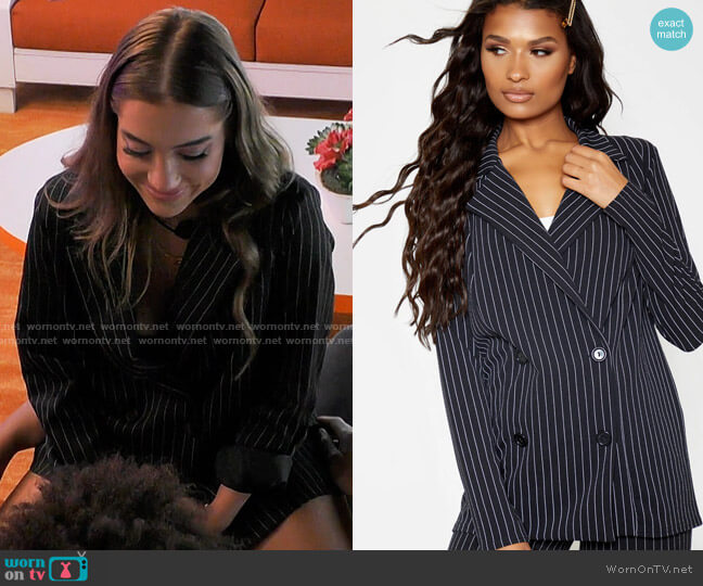 Pretty Little Thing Black Pinstripe Double Breasted Blazer worn by Katherine Gibson on Love Island USA