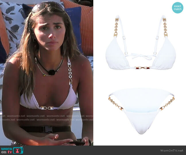 Pretty Little Thing White Chain Trim Triangle Bikini Top worn by Phoebe Siegel on Love Island USA