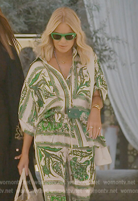 Caroline's green floral shirt and pants on The Real Housewives of Dubai