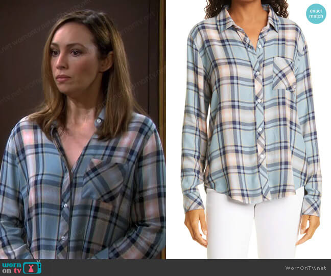 Rails Hunter Button-Up Shirt in Teal Peach Navy worn by Gwen Rizczech (Emily O'Brien) on Days of our Lives