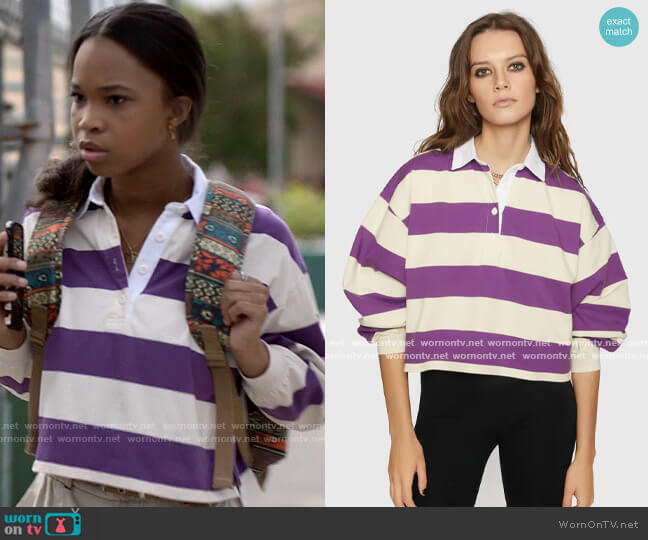 Rebecca Minkoff Gwen Rugby Shirt in Purple/Cream worn by Bianca (Quvenzhané Wallis) on American Horror Stories