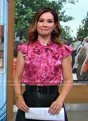 Rebecca’s pink print tie neck top on Good Morning America