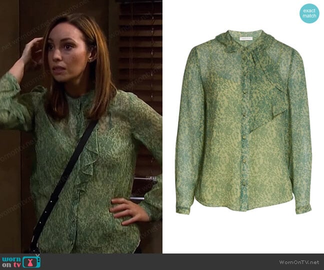 Rebecca Taylor Draped Chiffon Button-Down Blouse worn by Gwen Rizczech (Emily O'Brien) on Days of our Lives