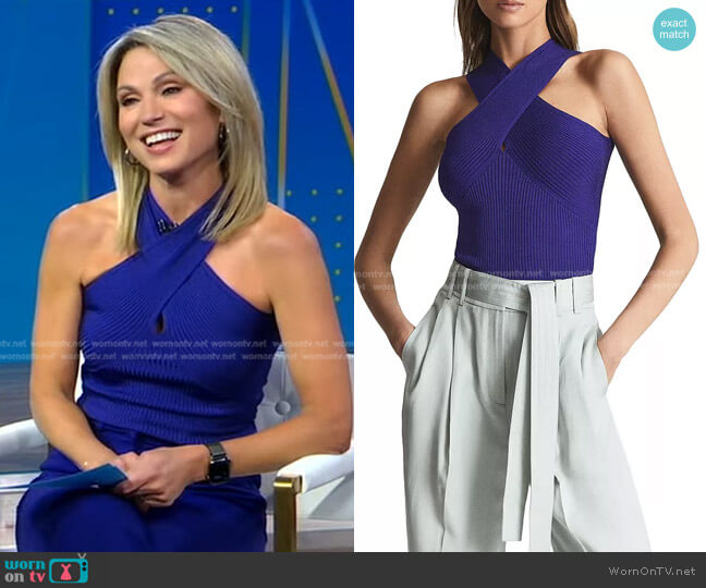 Reiss Lily Crossover Rib Halter Tank worn by Amy Robach on Good Morning America