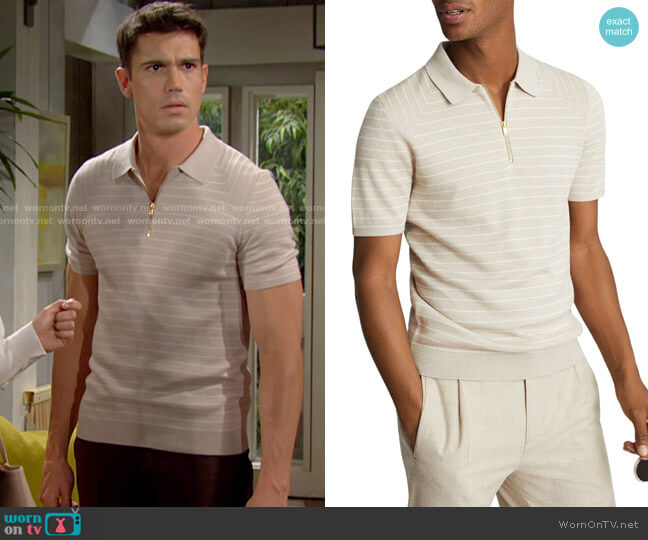 Reiss Verona Striped Half Zip Polo worn by Dr. John Finnegan (Tanner Novlan) on The Bold and the Beautiful