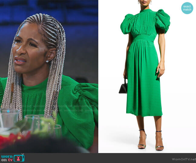 Rotate Birger Christensen Noon Puff-Sleeve Jacquard Midi Dress worn by Sheree Whitefield on The Real Housewives of Atlanta