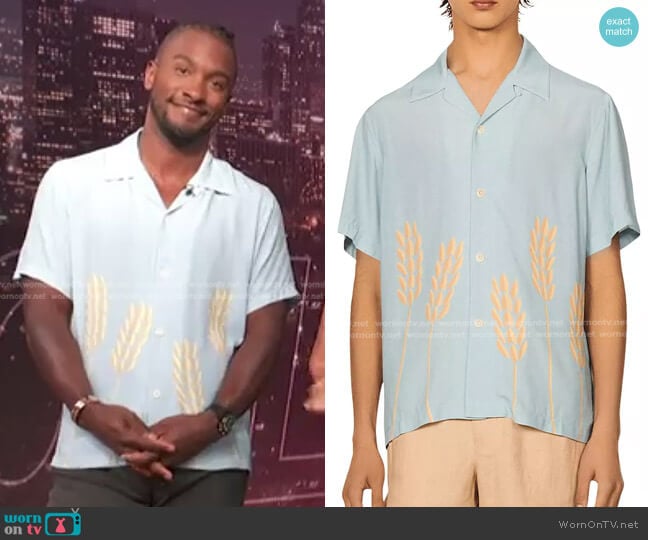 Sandro Wheat Print Camp Shirt worn by Scott Evans on Access Hollywood