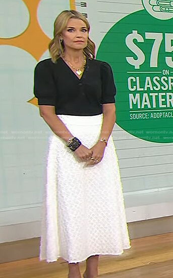 Savannah’s black v-neck top and white textured skirt on Today