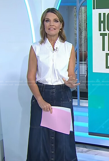 Savannah's white pinstripe frilled top and denim skirt on Today