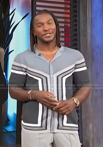 Scott’s grey colorblock knit shirt on Access Hollywood