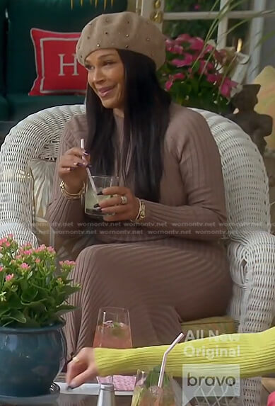 Sheree’s ribbed knit dress and embellished beret on The Real Housewives of Beverly Hills