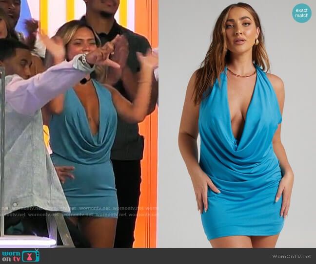 Showpo Lehra Plunge Bodycon Mini Dress in Blue worn by Nadjha Day on Love Island USA