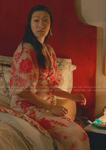 Sumi's pink floral embroidered cutout dress on Good Trouble