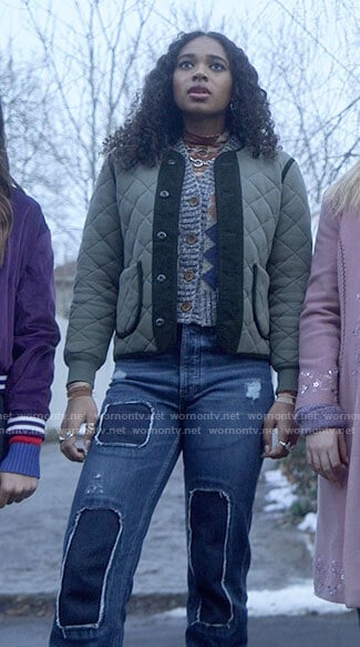 Tabby's printed top, diamond print vest, green quilted jacket and jeans on Pretty Little Liars Original Sin