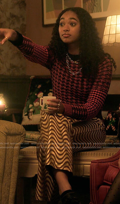 Tabby's red houndstooth sweater and gold stripe pants on Pretty Little Liars Original Sin