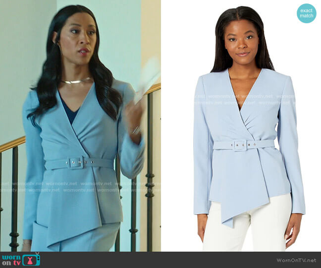 Tahari ASL Collarless Asymmetrical Belted Jacket in Chambray Blue worn by Sofia Salinas (Michaela Jaé Rodriguez) on Loot
