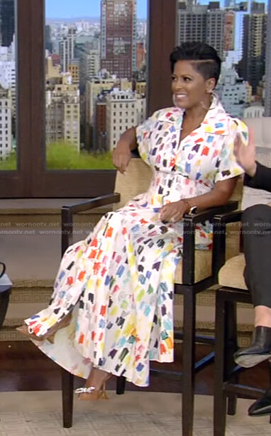 Tamron Hall's multicolor printed shirtdress on Live with Kelly and Ryan