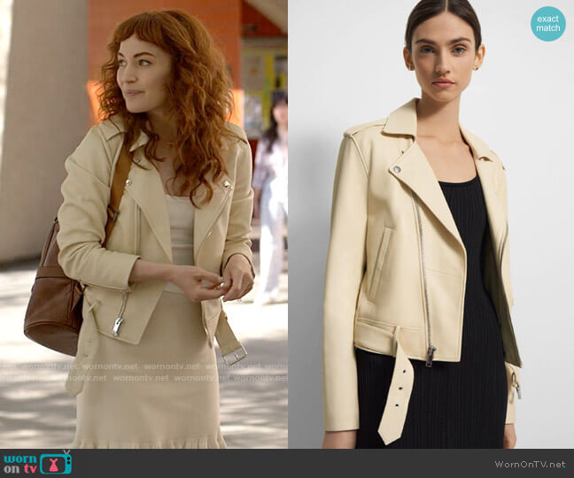 Theory Casual Moto Jacket in Leather in Parchment worn by Faye (Britt Lower) on American Horror Stories