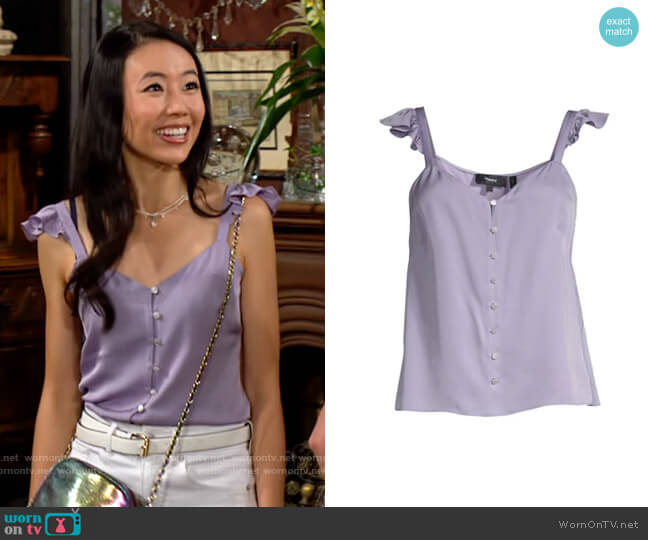Theory Ruffle-Trim Silk Top worn by Allie Nguyen (Kelsey Wang) on The Young and the Restless