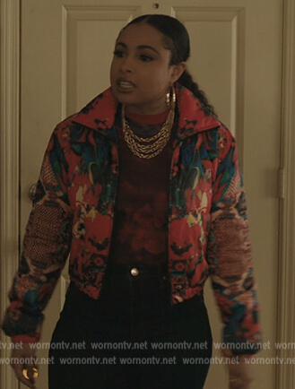 Tiffany's red printed bomber jacket on The Chi