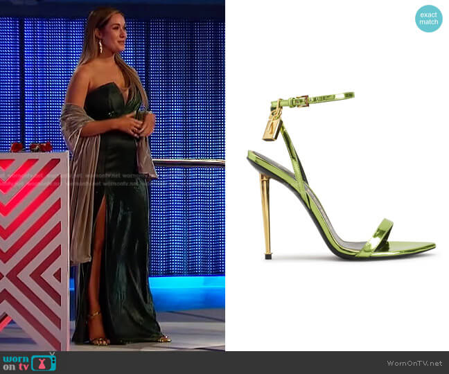 Tom Ford Lock Metallic Stiletto Sandals worn by Rachel Recchia on The Bachelorette