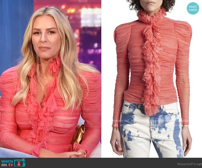 Tom Ford Ruched Ruffle-trimmed Blouse In Fluo Coral worn by Morgan Stewart on E! News