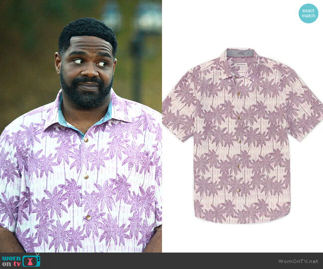 Tommy Bahama Palm Paradise Shirt in Grape Mist worn by Howard (Ron Funches) on Loot