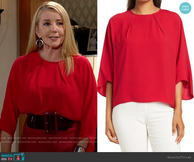 Trina Turk Substance Top in Sangria worn by Nikki Reed Newman (Melody Thomas-Scott) on The Young and the Restless