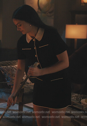 Veronica’s black contrast trim crop top and skirt on Riverdale