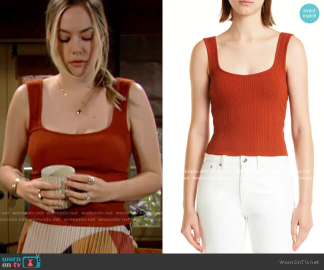 Vince Square Neck Rib Tank Top in Rust Amber worn by Hope Logan (Annika Noelle) on The Bold and the Beautiful