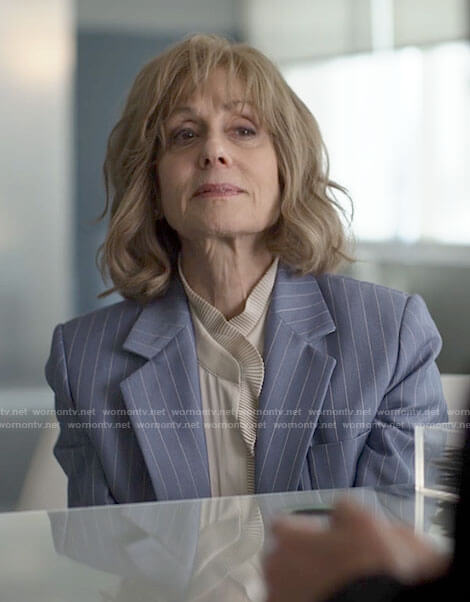 Virginia’s ruffled trim blouse and blue striped blazer on American Horror Stories