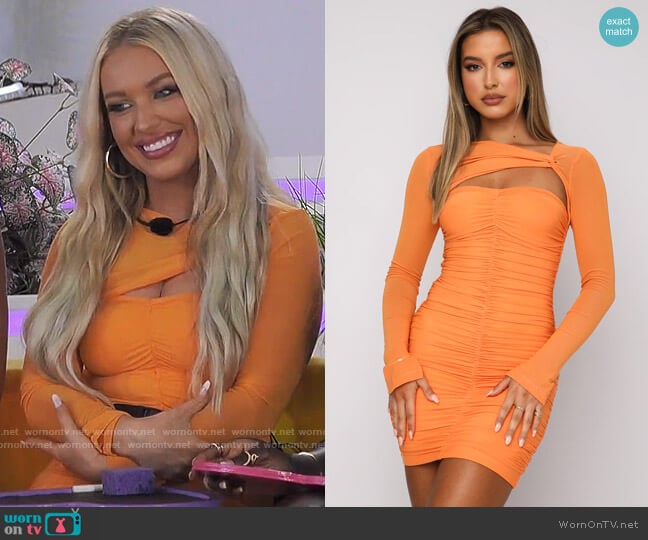 White Fox Been A Minute Dress in Mango worn by Mady McLanahan on Love Island USA