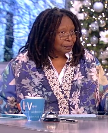Whoopi's blue floral embroidered kimono jacket on The View