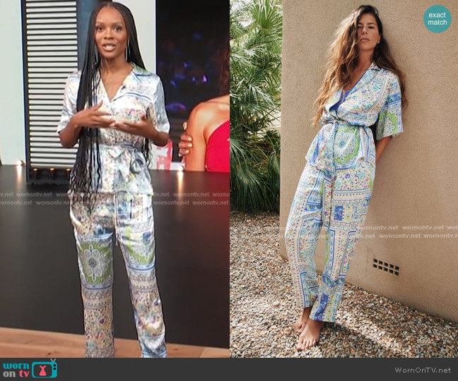 Zara Belted Print Blouse and Printed Pants worn by Zuri Hall on Access Hollywood