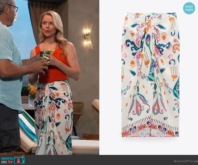 Linen Blend Knotted Pareo Skirt by Zara worn by Felicia Scorpio (Kristina Wagner) on General Hospital