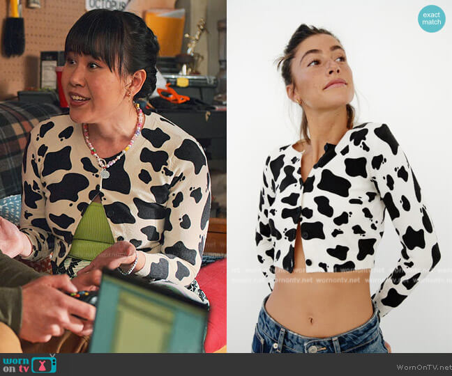 Zara Animal Print Jacquard Knit Cardigan worn by Eleanor Wong (Ramona Young) on Never Have I Ever