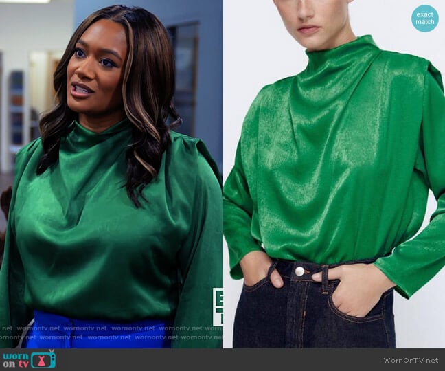 Zara Satin Shoulder Pad Blouse worn by Fatima (Crystal Hayslett) on Tyler Perrys Sistas