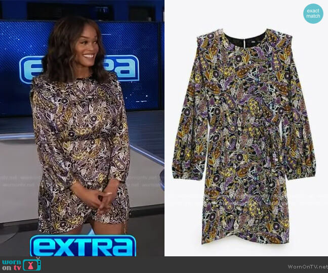 Zara Printed Paisley Shoulder Pad Mini Dress worn by Rachel Lindsay on Extra