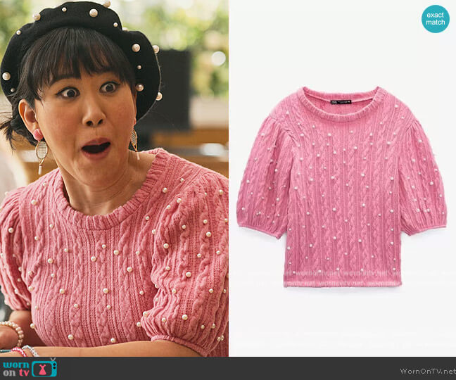 Zara Soft Faux Pearl Top worn by Eleanor Wong (Ramona Young) on Never Have I Ever