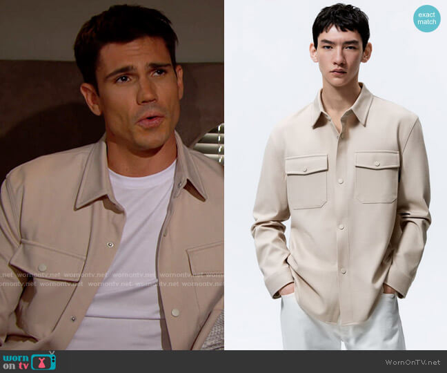 Zara Textured Stretch Overshirt in Beige worn by Finn (Tanner Novlan) on The Bold and the Beautiful