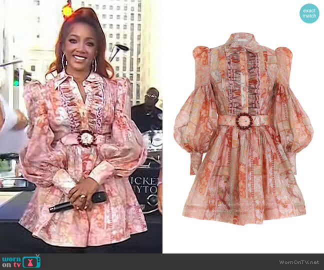 Zimmermann Kaleidoscope Floral Print Tuxedo Frill Linen & Silk Minidress worn by Mickey Guyton on Today