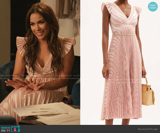 Zimmermann Sunray Pleated Striped-Voile Dress worn by Cristal Jennings (Daniella Alonso) on Dynasty