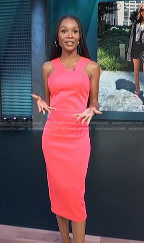 Zuri’s pink v-neck sheath dress on Access Hollywood