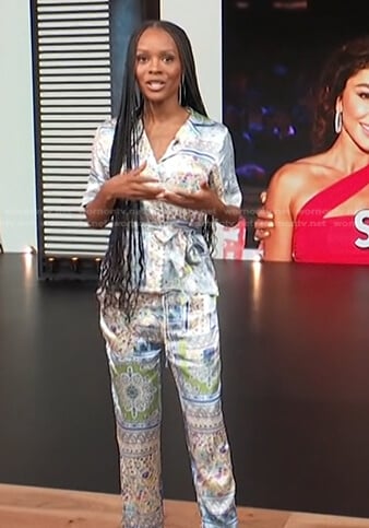 Zuri’s printed wrap blouse and pants on Access Hollywood