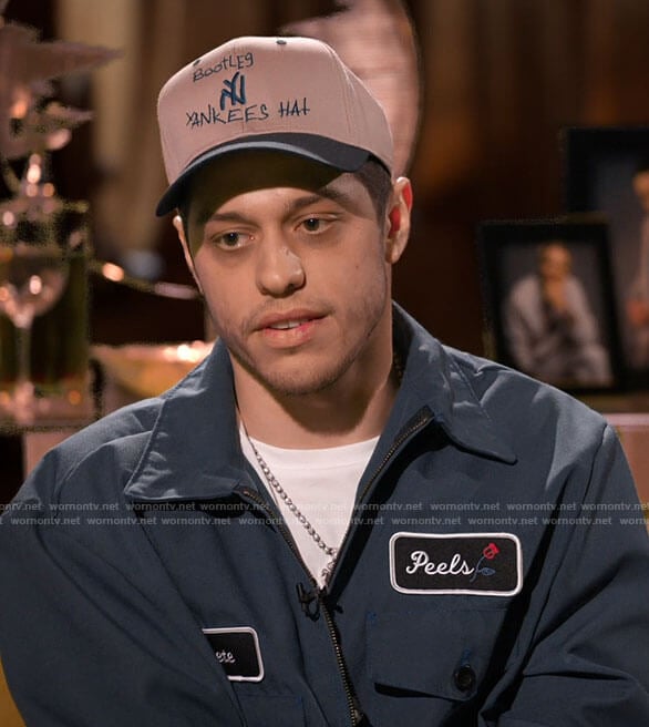 Pete Davidson's Peels Jacket and Bootleg Yankees hat on Hart to Heart