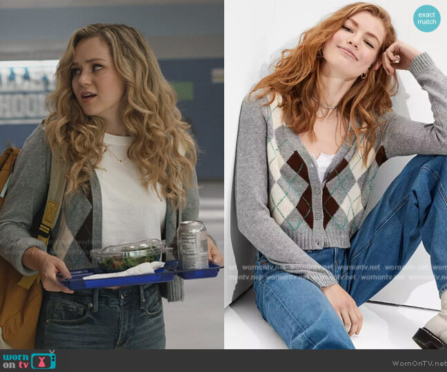 American Eagle Cropped Argyle Button-Up Cardigan worn by Courtney Whitemore (Brec Bassinger) on Stargirl